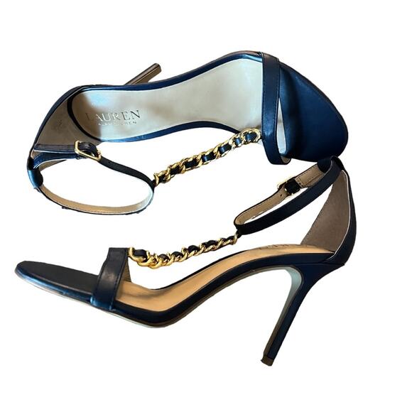 Lauren Ralph Lauren Kate T-Strap Chain Leather Dress Sandals Navy  NEW Size 6 - Picture 6 of 8